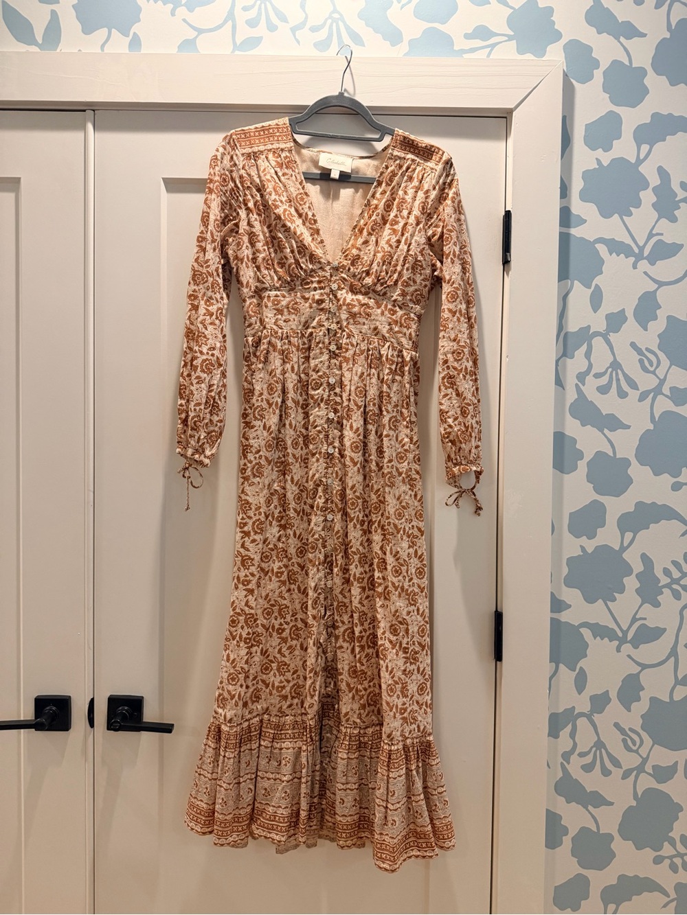 Cleobella Cream and Rust Floral V-Neck Maxi Dress